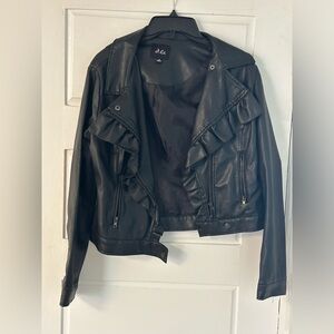 Dots Black Leather Jacket with Ruffle Accents